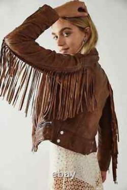 Nouvelle veste en cuir d'agneau marron pour femme avec franges, fabriquée à la main, à la mode et élégante.