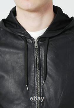 Nouvelle veste légère à capuche en cuir véritable noir doux d'agneau pour homme