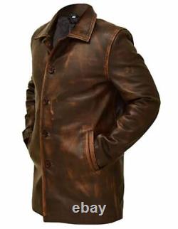 Nouvelle veste longue en cuir véritable de sherif en peau de mouton vieilli pour homme de style western