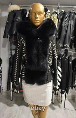 Philipp Plein Real Fox Fur Trim Veste En Cuir Véritable Noir Pour Femmes