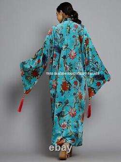 Robe de luxe en velours imprimé d'oiseaux Kimono long OFMD, robe de dépression, veste de robe.