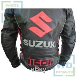 Suzuki Icon 4269 Hand Made Noir Cuir De Vache Veste Motard Manteau Moto