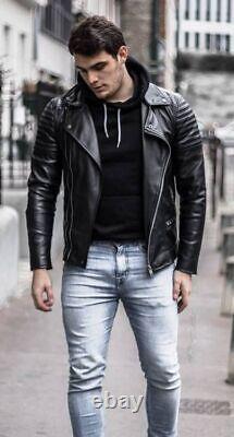 Véritable Moto Doux Agneau Hommes NOIR Élégant Veste de Motard en Cuir Fait Main