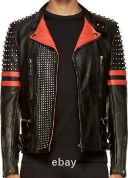 Véritable veste de motard en cuir noir unique avec clous et bandes rouges pour hommes.