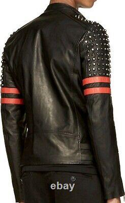 Véritable veste de motard en cuir noir unique avec clous et bandes rouges pour hommes.