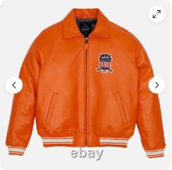 Véritable veste en cuir orange Avirex American Flight Real Bomber en peau de mouton pour hommes