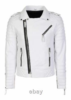 Veste En Cuir Blanc Pour Homme Soft Lambskin Moto Cafe Racer Zipper Short