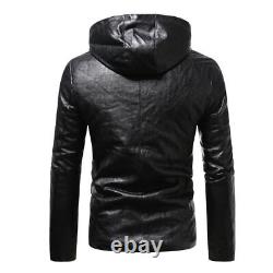 Veste à capuche noire ajustée pour homme en cuir véritable, style biker, classique et décontractée pour l'hiver.