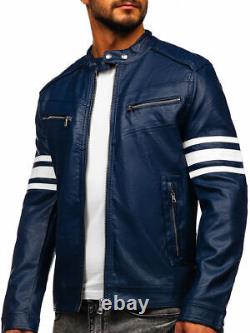 Veste bleue pour hommes en cuir d'agneau véritable souple faite à la main style motard de moto.