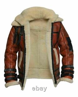 Veste d'hiver en cuir de mouton brun tan avec doublure en peau lainée style aviateur RAF B3 pour homme