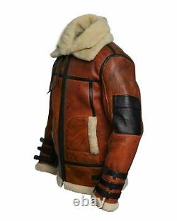 Veste d'hiver en cuir de mouton brun tan avec doublure en peau lainée style aviateur RAF B3 pour homme