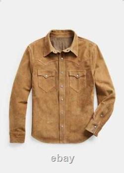 Veste de camionneur chemise en cuir de chèvre suédé véritable 100% marron clair style western