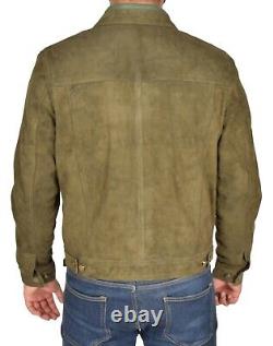 Veste de camionneur en daim souple pour hommes de style biker ajusté en denim noir, bordeaux, olive et marron.