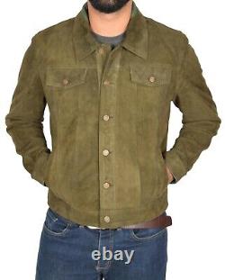 Veste de camionneur en daim souple pour hommes de style biker ajusté en denim noir, bordeaux, olive et marron.