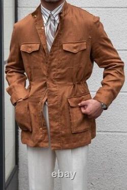 Veste de chasse rétro en lin de luxe pour homme 100% lin, respirante, décontractée, à poches multiples