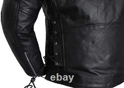 Veste de course en cuir noir classique pour moto avec lacets latéraux et port dissimulé