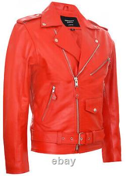 Veste de motard en cuir rouge décontractée et élégante pour homme de style Brando.