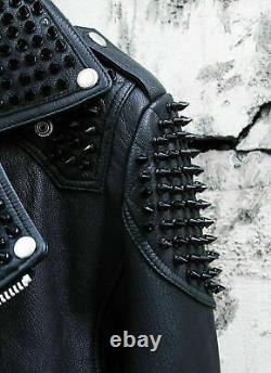 Veste de motard en cuir véritable noir à pointes et clous métalliques punk et black metal pour hommes avec poches