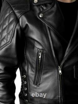 Veste de motard en cuir véritable pour hommes avec panneaux matelassés et design à lacets pour moto