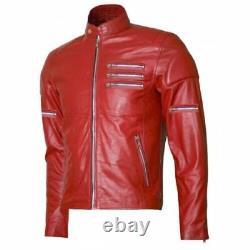 Veste de motard rouge en cuir véritable slim fit pour homme en peau d'agneau véritable neuve