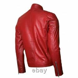 Veste de motard rouge en cuir véritable slim fit pour homme en peau d'agneau véritable neuve