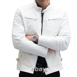 Veste de moto blanche en cuir d'agneau festive et stylée à 100% pour hommes, coupe slim