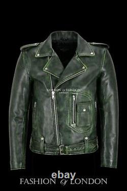 Veste de moto en cuir véritable pour homme en vert vintage en cuir de vachette épais style Brando Biker