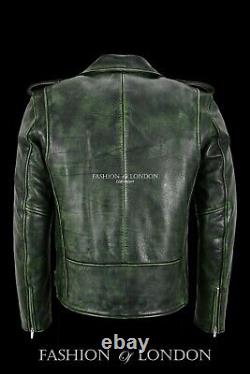 Veste de moto en cuir véritable pour homme en vert vintage en cuir de vachette épais style Brando Biker