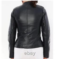 Veste de moto pour femme en cuir d'agneau souple véritable noir ajustée slim fit