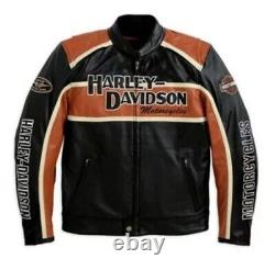 Veste de sécurité pour motard en cuir orange pour moto Harley Davidson Cruiser pour hommes