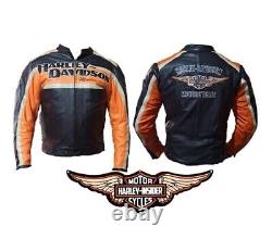Veste de sécurité pour motard en cuir orange pour moto Harley Davidson Cruiser pour hommes