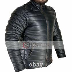 Veste décontractée matelassée zippée en cuir d'agneau noir 100% authentique pour homme