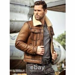 Veste en cuir avec col en fourrure Shearling Bomber Aviateur pour homme, marron, véritable manteau en peau de mouton