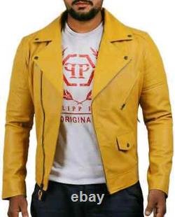 Veste en cuir d'agneau souple jaune original et élégante faite à la main pour motard moto.