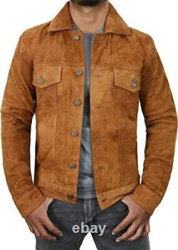 Veste en cuir de daim véritable pour camionneur, style rétro classique, bomber moto brun pour homme