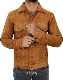 Veste en cuir de daim véritable pour camionneur, style rétro classique, bomber moto brun pour homme