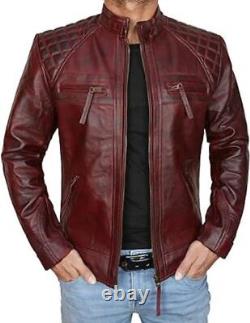 Veste en cuir de motard rouge vintage ajustée pour hommes, neuve, en agneau pour moto masculine
