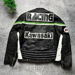 Veste en cuir de vache pour moto de course Kawasaki Ninja Black & White