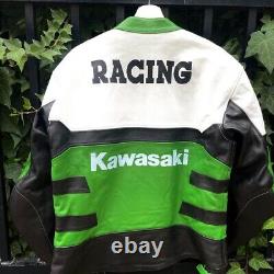 Veste en cuir de vachette verte, blanche et noire pour homme de course Kawasaki