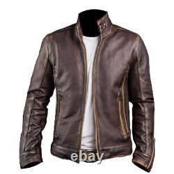 Veste en cuir marron vieilli pour motard style café racer.