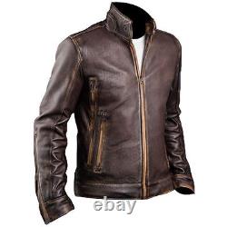 Veste en cuir marron vieilli pour motard style café racer.