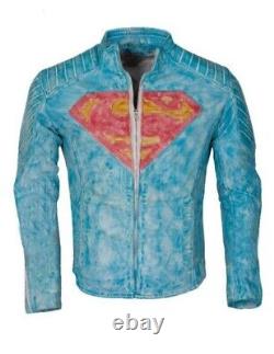 Veste en cuir véritable Superman Bleu de qualité supérieure, disponible en 4 couleurs.