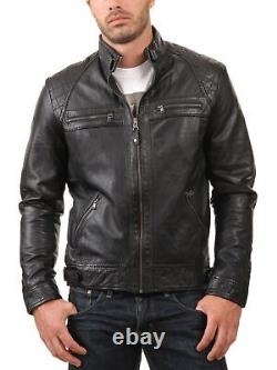 Veste en cuir véritable d'agneau souple pour homme noir faite à la main pour motard de moto