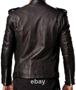 Veste en cuir véritable pour homme noir ajustée style motard en cuir véritable de moto