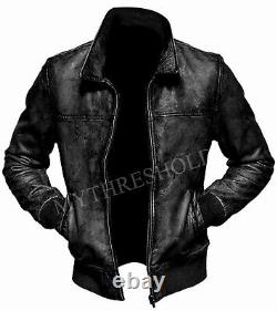 Veste en cuir vintage noire pour homme style motard moto bomber hiver usée