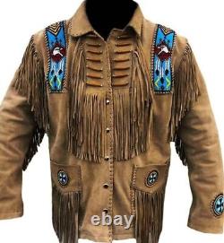Veste en daim fait main pour homme, style amérindien, avec franges et perles, manteau en peau de chevreuil de montagne.