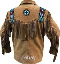 Veste en daim fait main pour homme, style amérindien, avec franges et perles, manteau en peau de chevreuil de montagne.