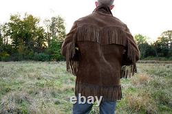 Veste en daim marron à franges en cuir pour hommes de style western