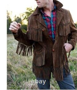 Veste en daim marron à franges en cuir pour hommes de style western