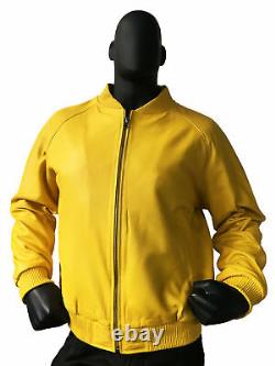 Veste jaune en cuir élégante pour motards, faite à la main par un designer de mode en agneau pour hommes